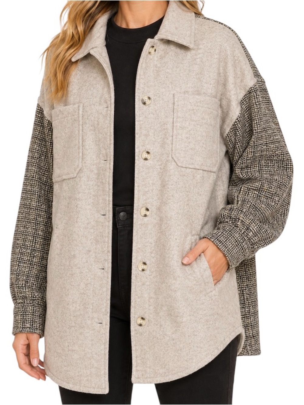 Hem & Thread Tweed Contrast Fleece Shacket Oatmeal Greige L